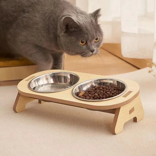 Cat Double Bowl with Wooden Stand